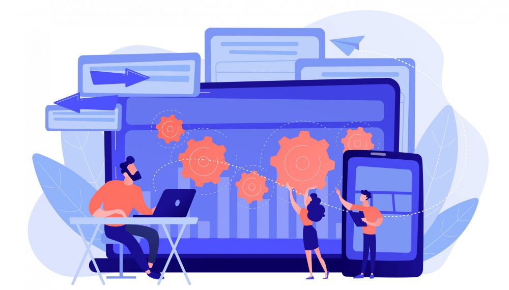 Cross platform bug founding concept vector illustration. Tester and developer work with laptop and tablet. Cross platform bug founding, bug identification and testing team concept on white background. Pinkish coral bluevector isolated illustration
